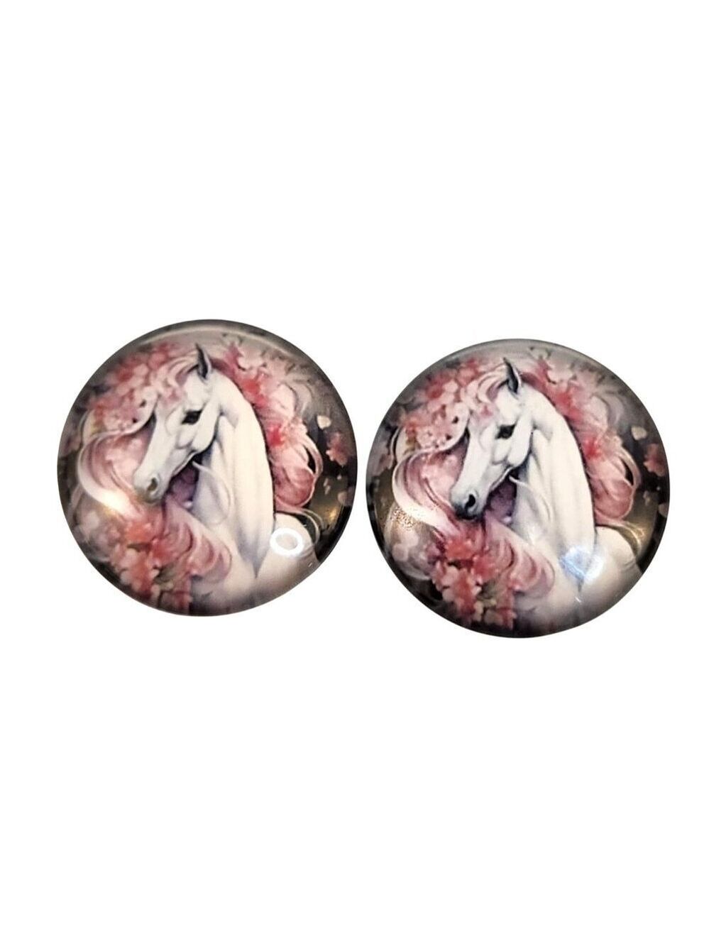 Set of 2 White Horse Glass Cabochons 1 Inch Round, Floral Dome Craft Supply for